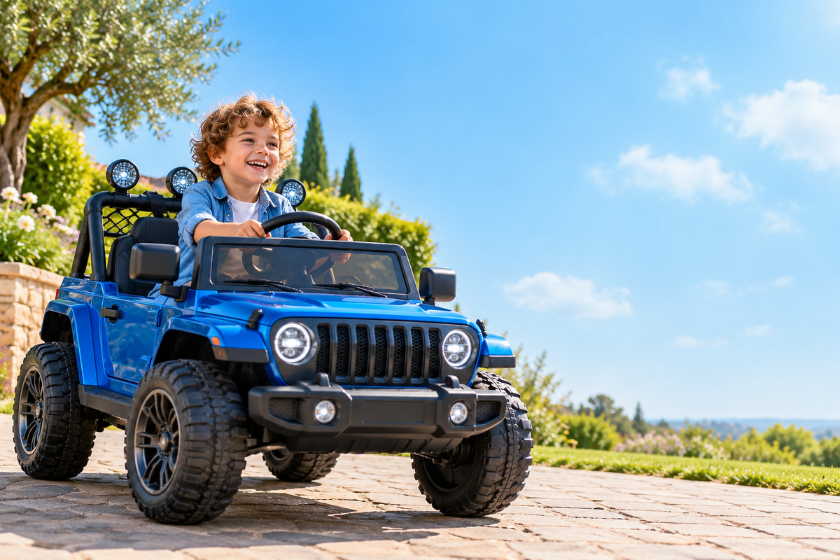 Bambino alla guida di un fuoristrada giocattolo blu in giardino