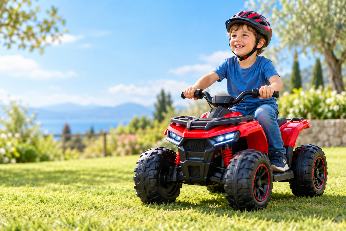 Bambino con casco su un quad giocattolo rosso in giardino